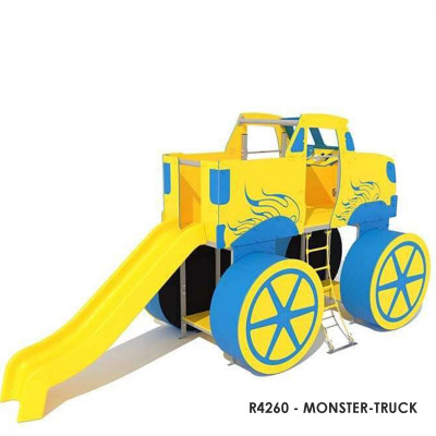 R4260 - MONSTER-TRUCK, felhasználók száma: 10, Nagylábú autó témájú játékszerkezet. Tartalmazza a mászófalat, kötéllépcsőt, csúszdát és egyéb játékkiegészítőket. Játszótér-biztonsági előírások szerint tanúsítva.