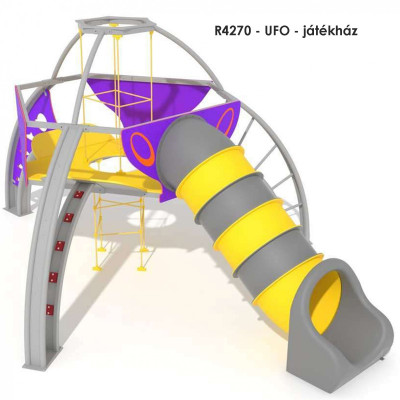 R4270 - UFO - játékház, Repülő csészealj alakú tematikus játékszerkezet. Modern és vonzó design. Robosztus szerkezet, időjárási viszonyoknak és vandalizmusnak ellenálló. Alagútcsúzda választható: műanyag vagy rozsdamentes acélból 