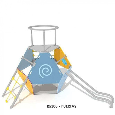 R5308 - PUERTAS játékház, Platformtal, pavilonnal. Tartalmazza a kör alakú bejáratot, a forgó kereket, a geometriai elemeket, a hegymászó hálót, a kör alakú rudazatot, a kötél létrát, a csúszó rudakat és a kör alakú pavilonnal ellátott állványt.