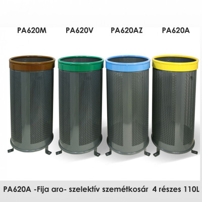 PA620A -Fija aro- szelektív szemétkosár  4 részes 110L, acél tartály Ø5 mm lyukakkal,  RAL 7011 szürke, kapható fedéllel is.