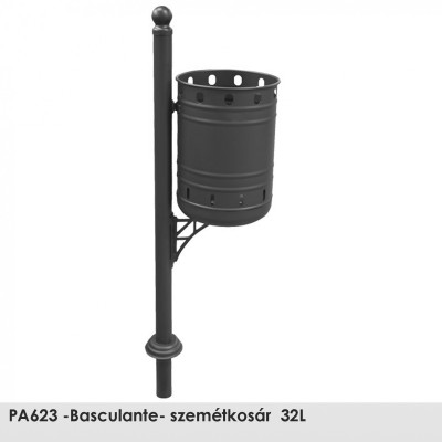 PA623 -Basculante- szemétkosár  32L , Ø 60 mm-es  acél oszlop epoxi alapozó bevonattal és fekete kovácsoltvas színű poliészter porral bevont kivitelben. 