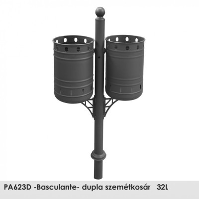 PA623D -Basculante- dupla szemétkosár   32L , Ø 60 mm-es  acél oszlop epoxi alapozó bevonattal és fekete kovácsoltvas színű poliészter porral bevont kivitelben. 