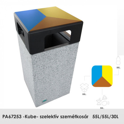 PA67253 -Kube- szelektív szemétkosár, Előre öntött sima gránitszürke beton. Papír, szerves vagy üveg hulladéktípusokhoz. rögzítés: szabadon álló.