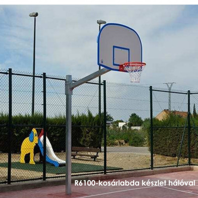  R6100-kosárlabda készlet hálóval,kültéri elhelyezésre, ellenáll az időjárási viszonyoknak és a vandalizmusnak.