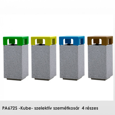 PA672S -Kube- szelektív szemétkosár, 4 részes, Előre öntött sima gránitszürke beton. Papír, szerves vagy üveg hulladéktípusokhoz. rögzítés: szabadon álló.